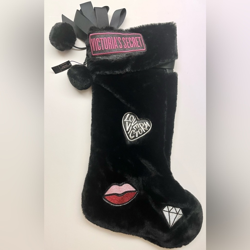 VICTORIAS SECRET CHRISTMAS STOCKING 2018 WINTER ANGEL BLACK POM POM 21” NWT